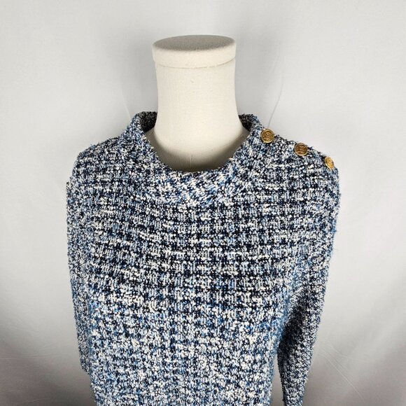 Talbots Button Detail Tweed Shift Dress Size XL Blue/White Mockneck Career - Picture 4 of 12
